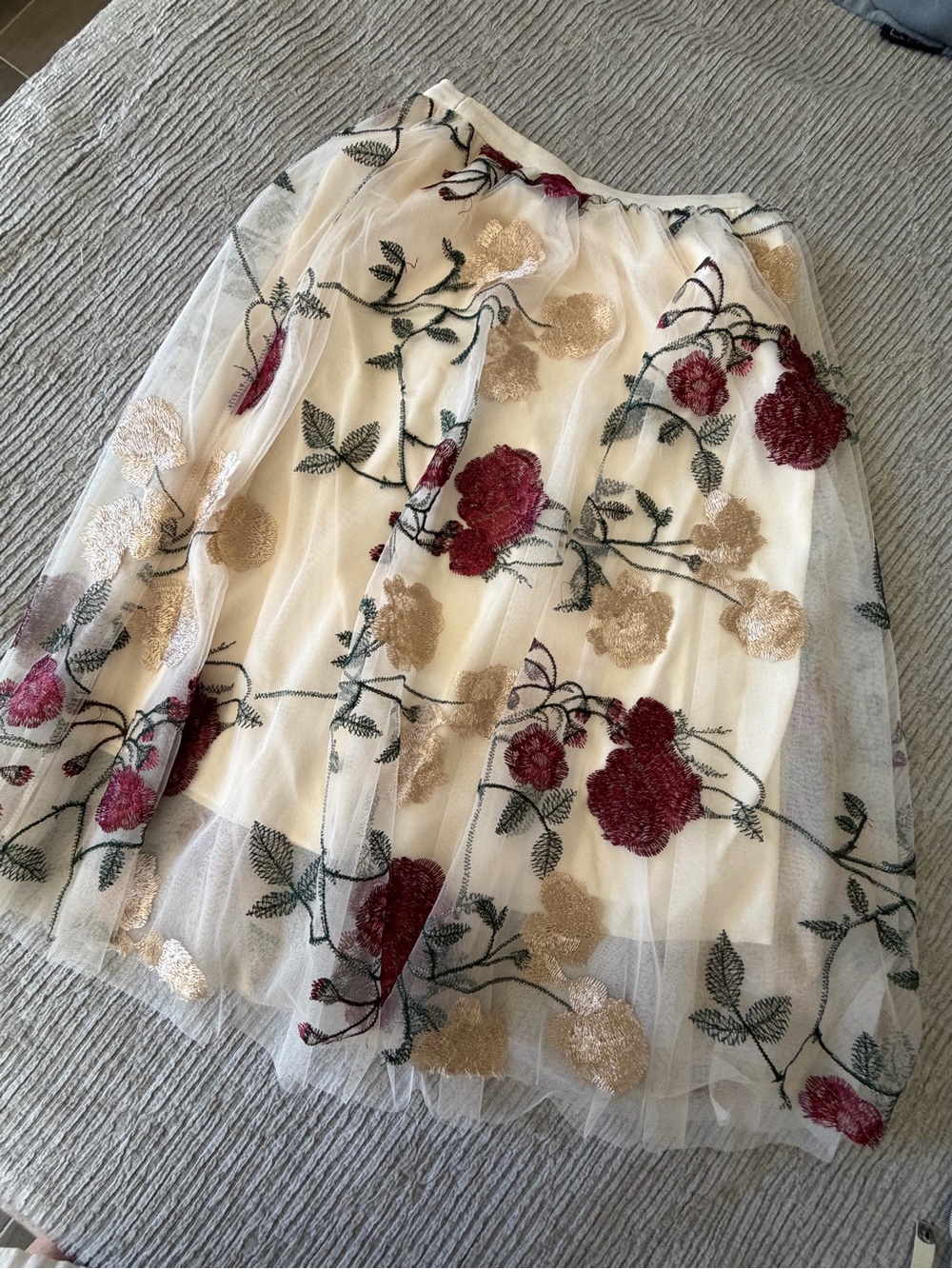 Embroidered Floral Tulle Skirt - Cream with Burgundy & Gold Flowers